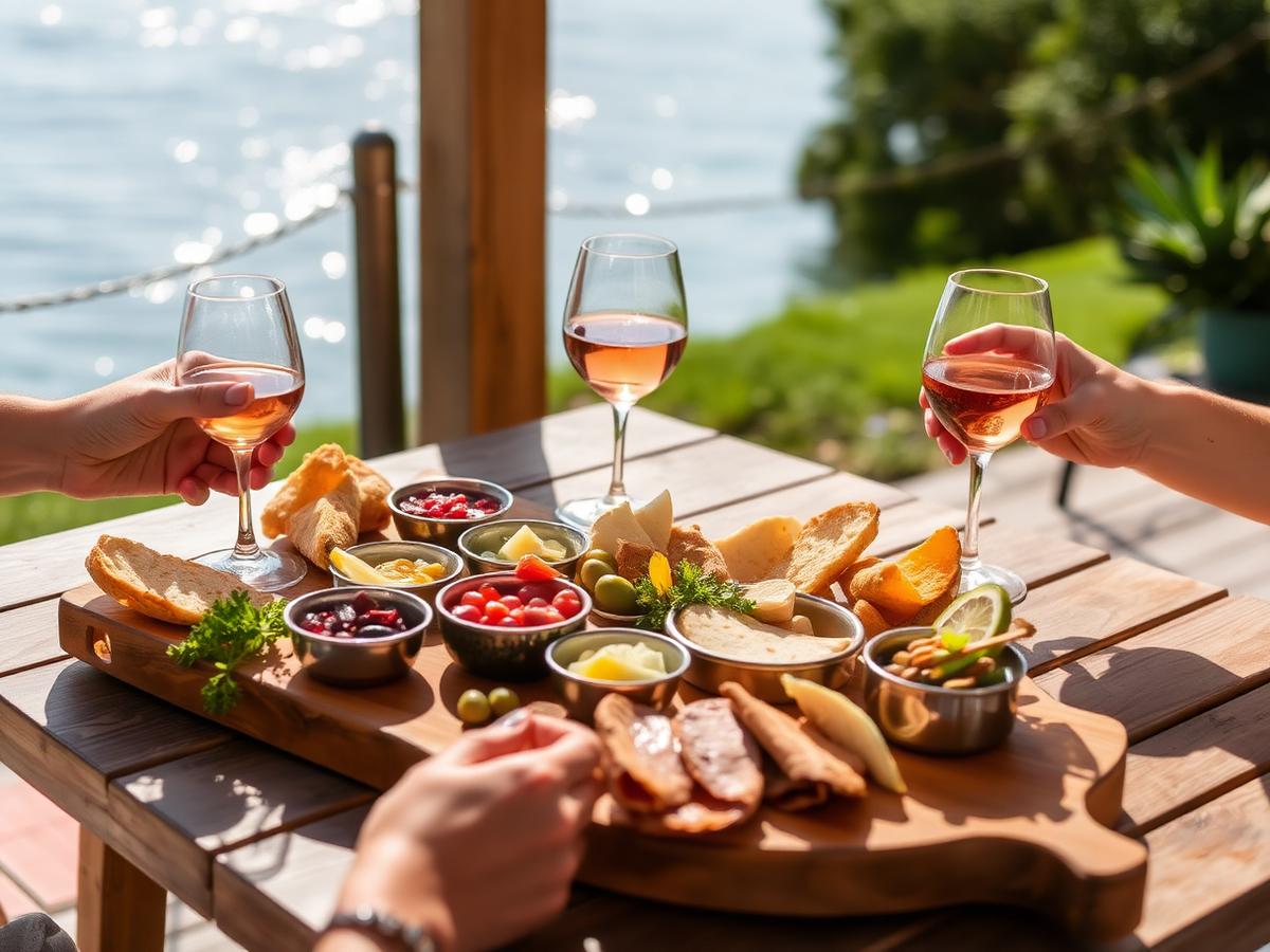Borrelplank met hapjes en rosé op een tafel aan het water